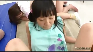 3 Thither Shaved Pussies Fucked Wide of 3 Guys In Hammer away Vestibule